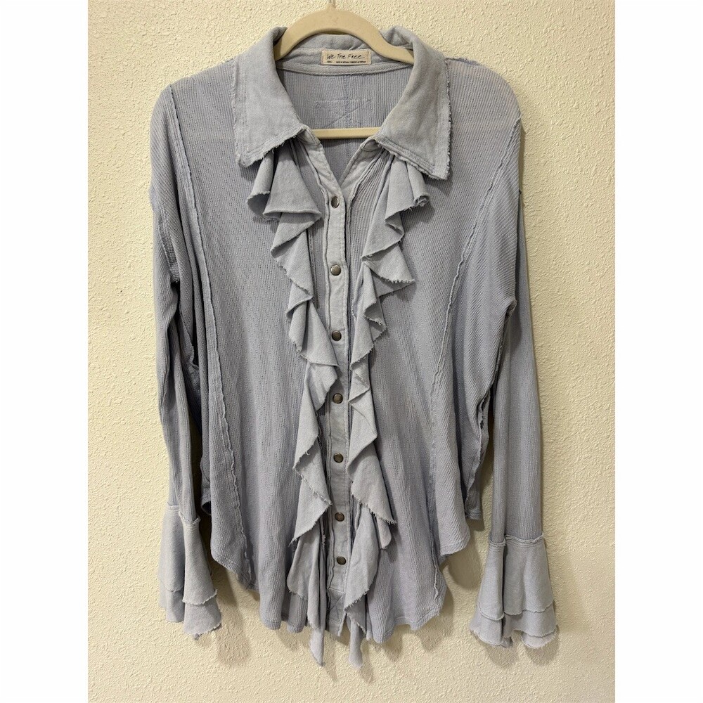 We The Free Free People Feelin Fresh Ruffle Blouse Dusty Slate Blue Size Small
